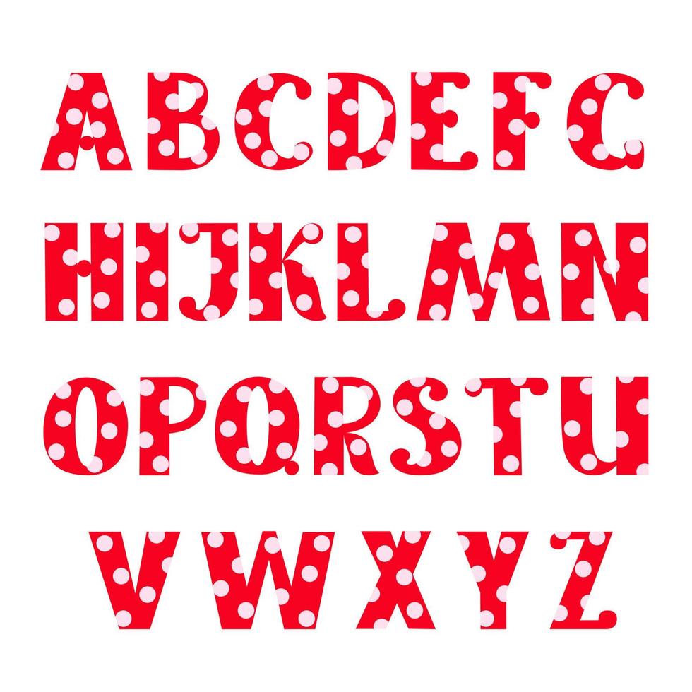 hoofdstad rood versierd met roze polka dot hand getekende letters van Engelse alfabet eenvoudige cartoon stijl vectorillustratie, kalligrafische abc, leuk grappig handschrift, doodle en belettering vector