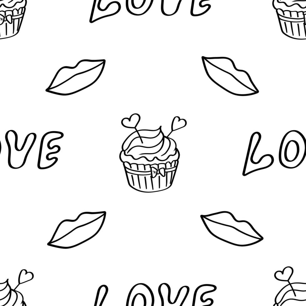 Valentijnsdag doodle naadloze patroon. romantische handgetekende achtergrond met liefdesbelettering, cupcakes en lippen. zwarte omtrek. ideaal voor inpakpapier, textiel, behang, bruiloftsontwerp. vector. vector