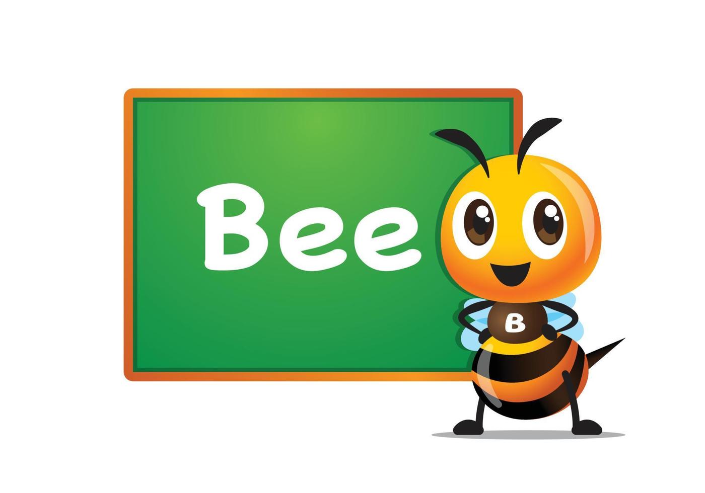 cartoon schattige bij die naast een groot bord staat met bijenwoord. bijen karakter onderwijs. tekenfilm bij vector