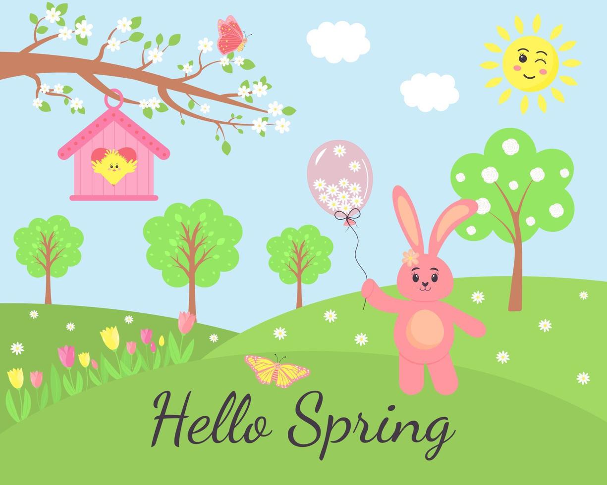 lentelandschap met roze konijntje, vogelhuisje, kuiken, bloemen en vlinders. lente en Pasen wenskaart. groene weide en tekenfilm dieren. vector