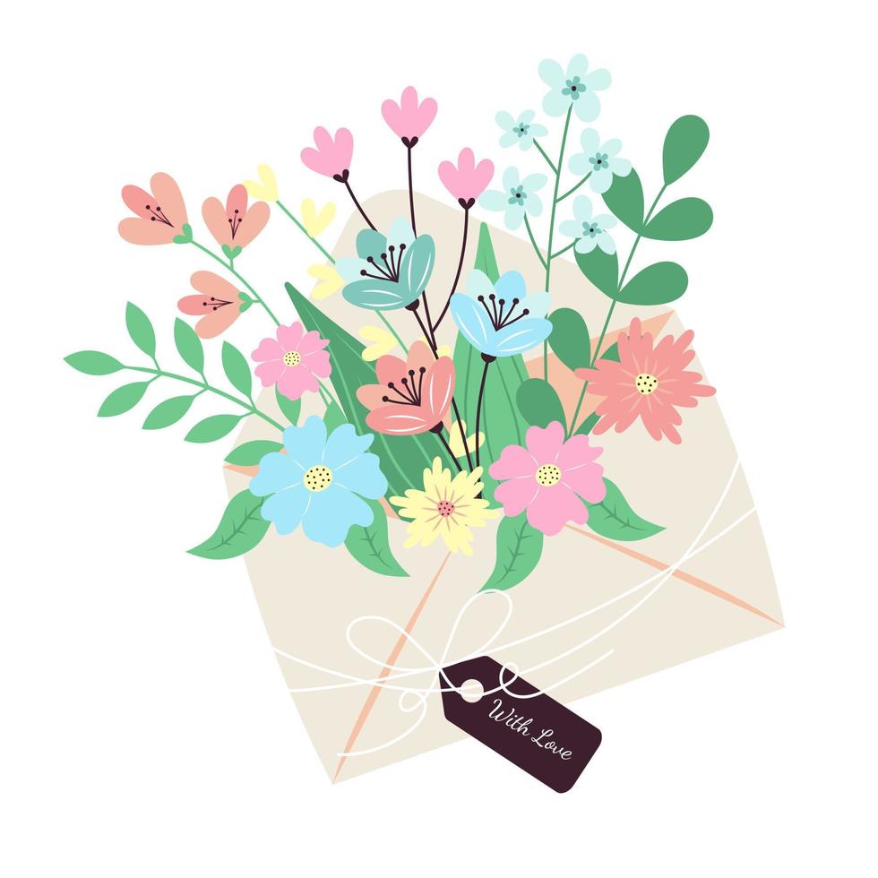 envelop met bloemen en label met liefde. bloemensamenstelling in pastelkleuren. vector