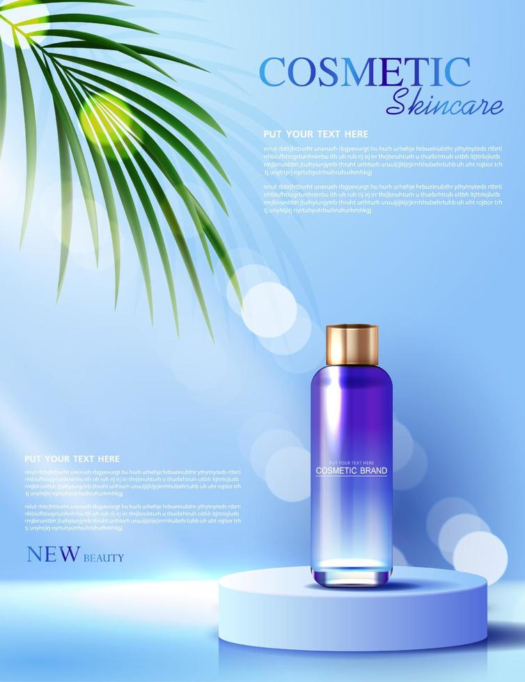 advertenties voor cosmetica of huidverzorgingsproducten met fles, banneradvertentie voor schoonheidsproducten en glinsterend lichteffect op de achtergrond. vector ontwerp
