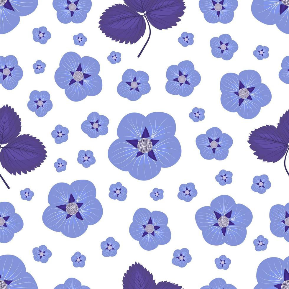 blauwe bloemen met bladeren op een witte achtergrond. naadloze bloemmotief. vector