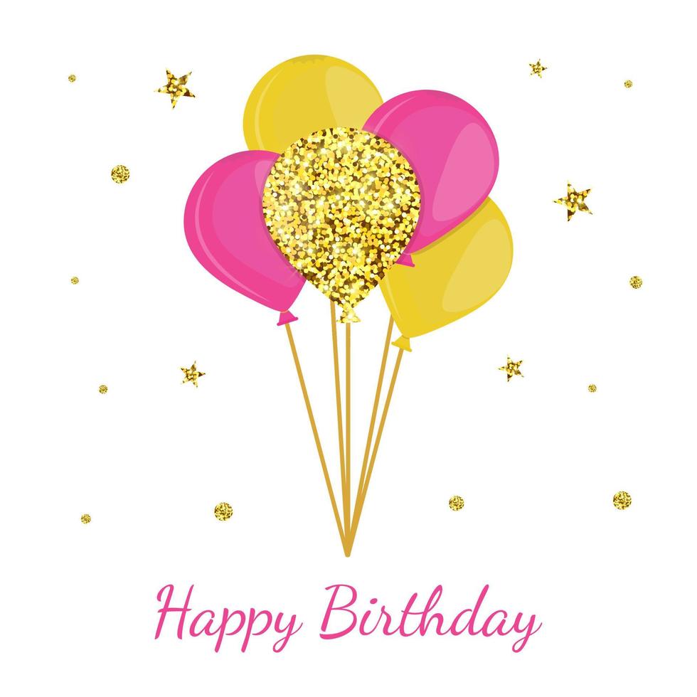 gelukkige verjaardag-wenskaart met ballonnen en glitter. vector