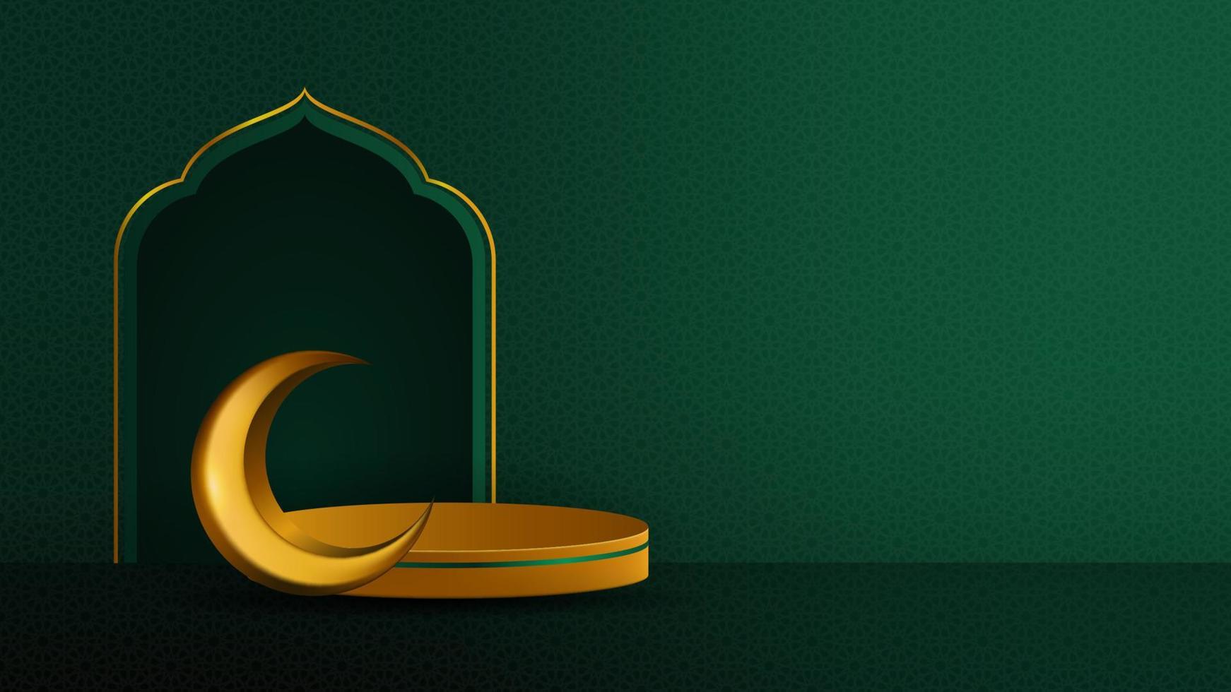 islamitische achtergrond sjabloon met mihrab, podium en halve maan op smaragdgroene achtergrond. islamitische vectorillustratie voor moslimvakanties vector