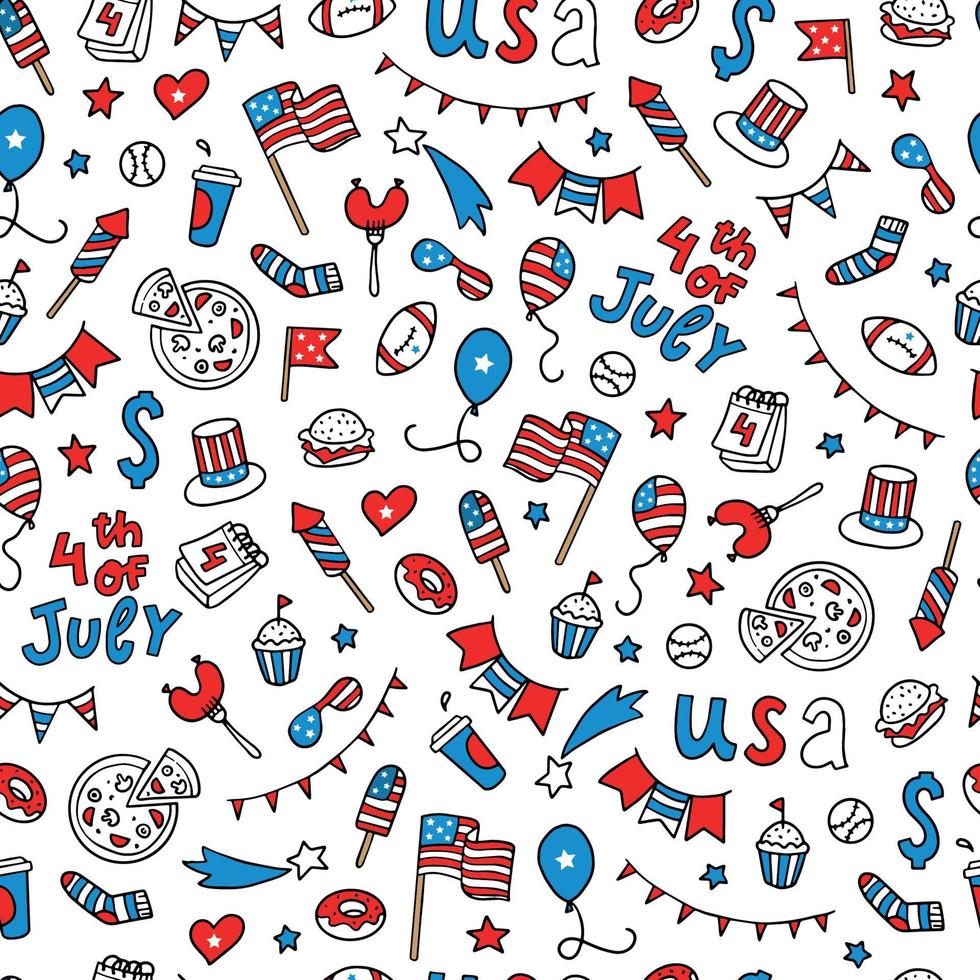 schattig naadloos patroon gemaakt van handgetekende doodles voor Amerikaanse onafhankelijkheidsdag, 4 juli. behang, inpakpapier, scrapbooking, briefpapier, textiel printontwerp. eps 10 vector