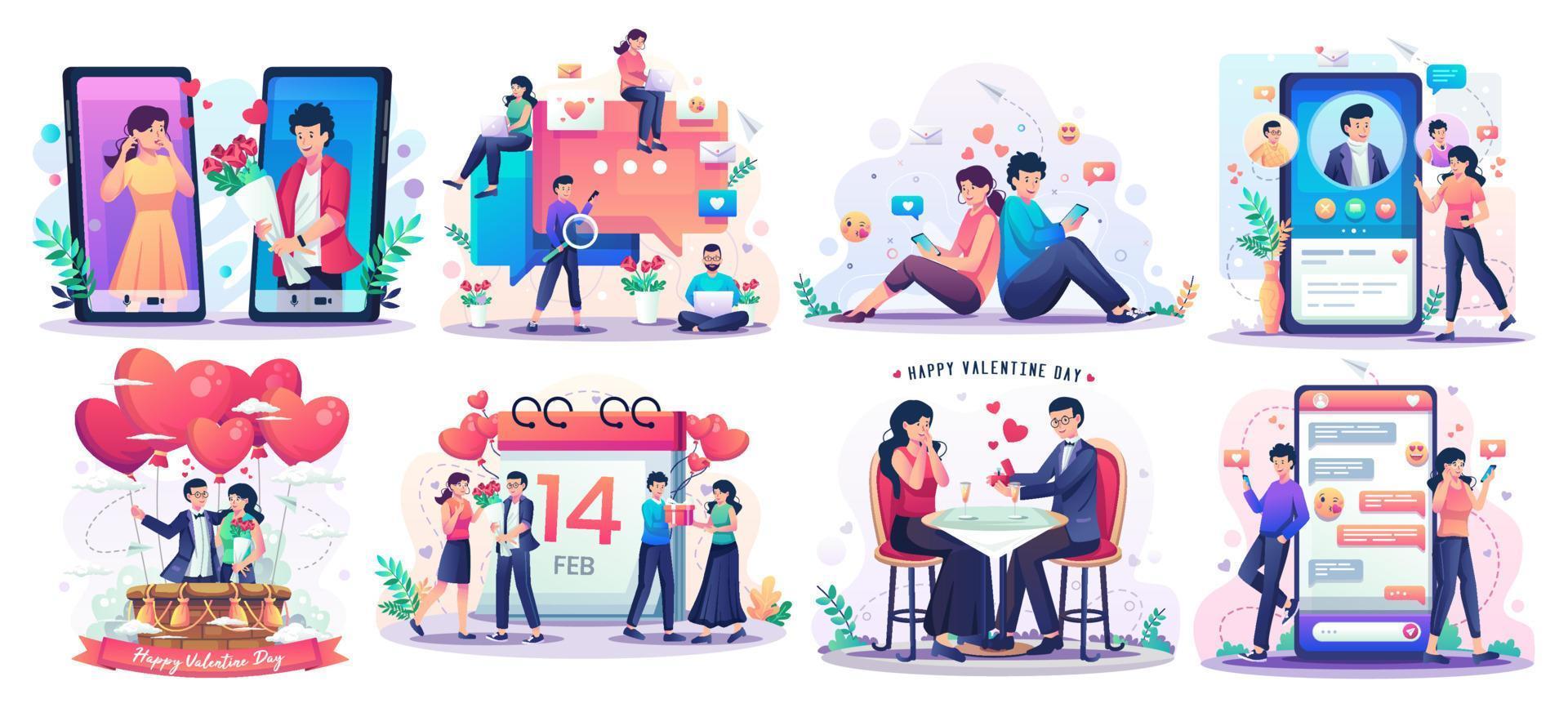 set van Valentijnsdag concept met romantisch paar genieten van Valentijnsdag. online dating en sociale netwerken, virtuele relaties concept vlakke stijl vectorillustratie vector