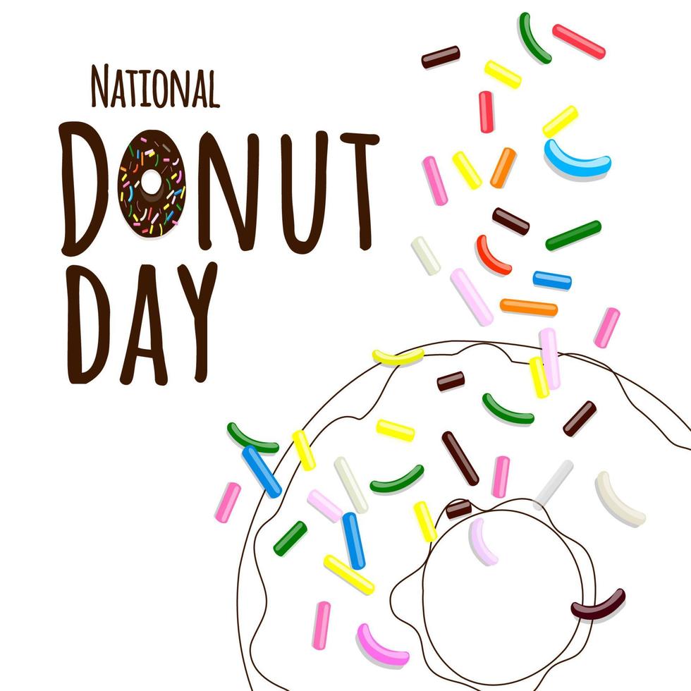 nationale donut dag tekst in cartoon stijl met veelkleurige gebak topping op donut in zeer fijne tekeningen geïsoleerd op een witte achtergrond vector