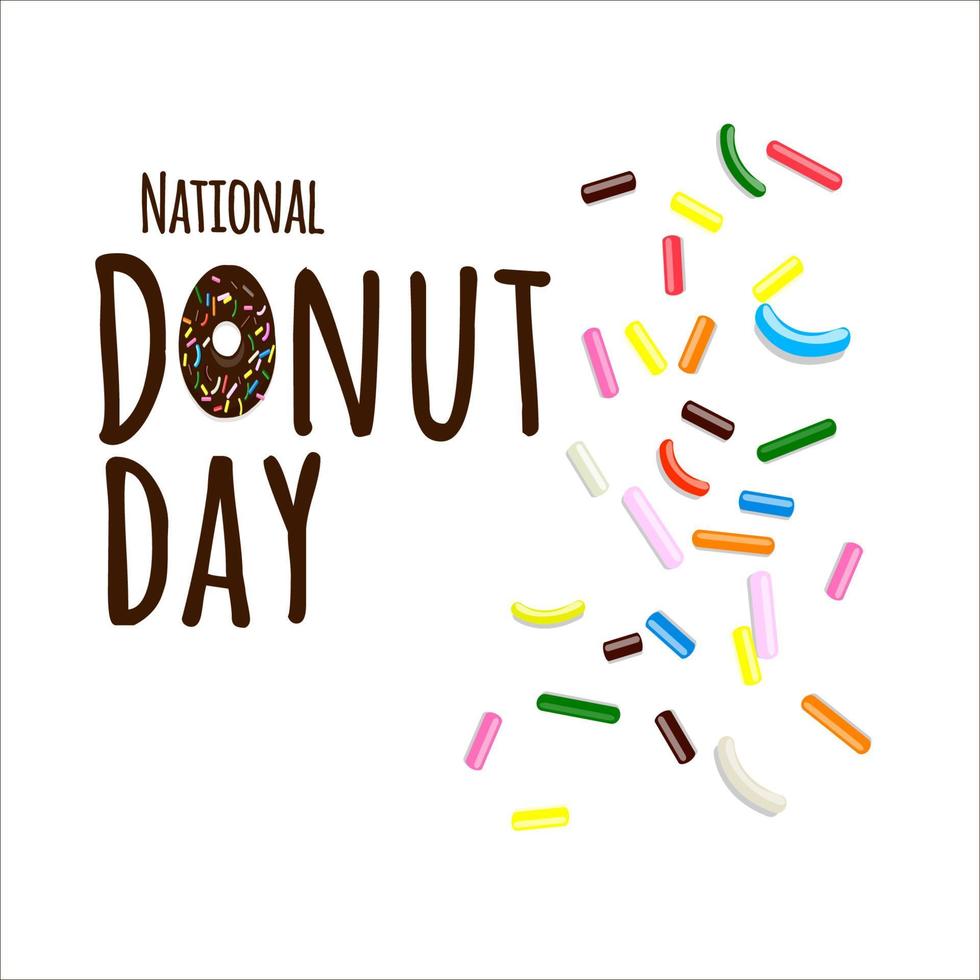 nationale donut dag tekst in cartoon stijl met veelkleurige gebak topping geïsoleerd op een witte achtergrond vector