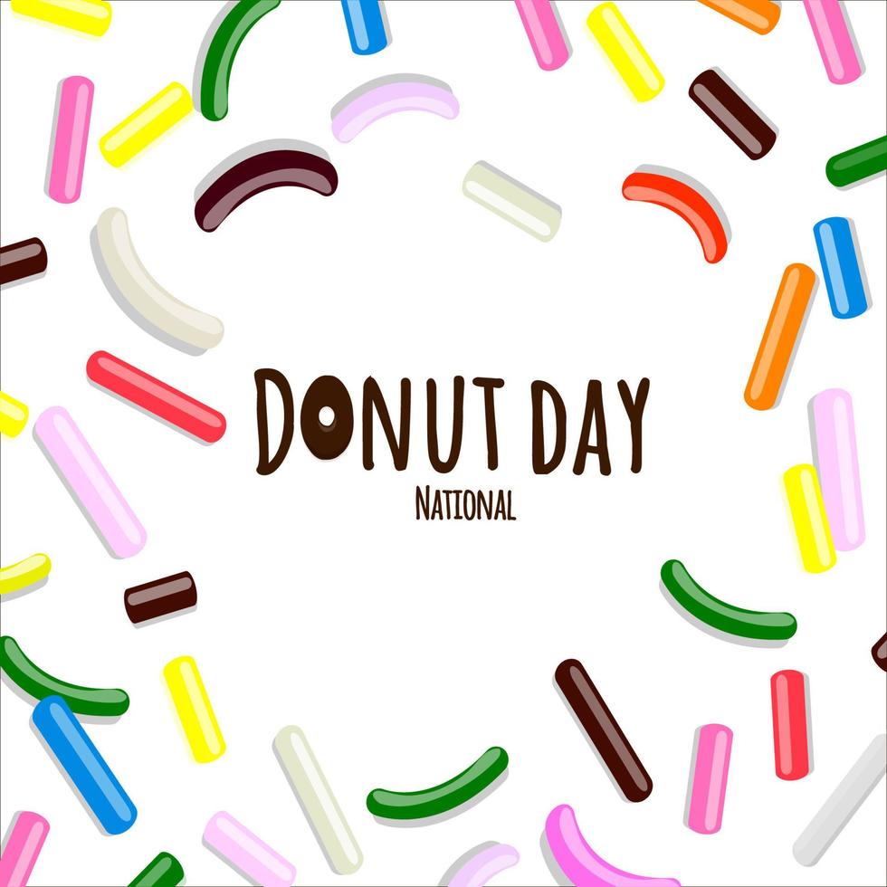 nationale donut dag tekst in cartoon stijl met veelkleurige gebak topping geïsoleerd op een witte achtergrond. vector illustratie
