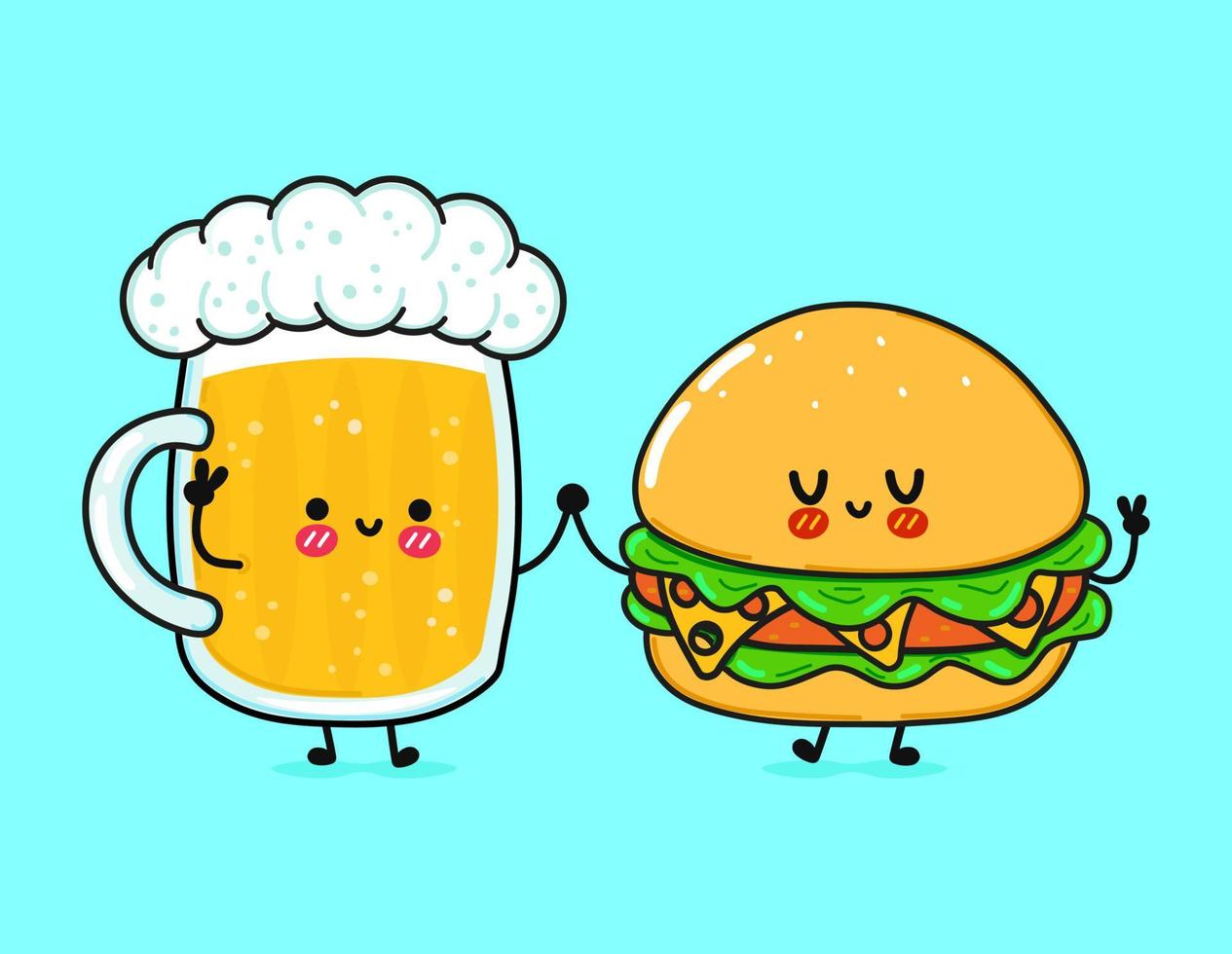 leuke, grappige vrolijke hamburger en bier. vector hand getekend kawaii stripfiguren, illustratie pictogram. grappige cartoon hamburger en bier mascotte karakter concept