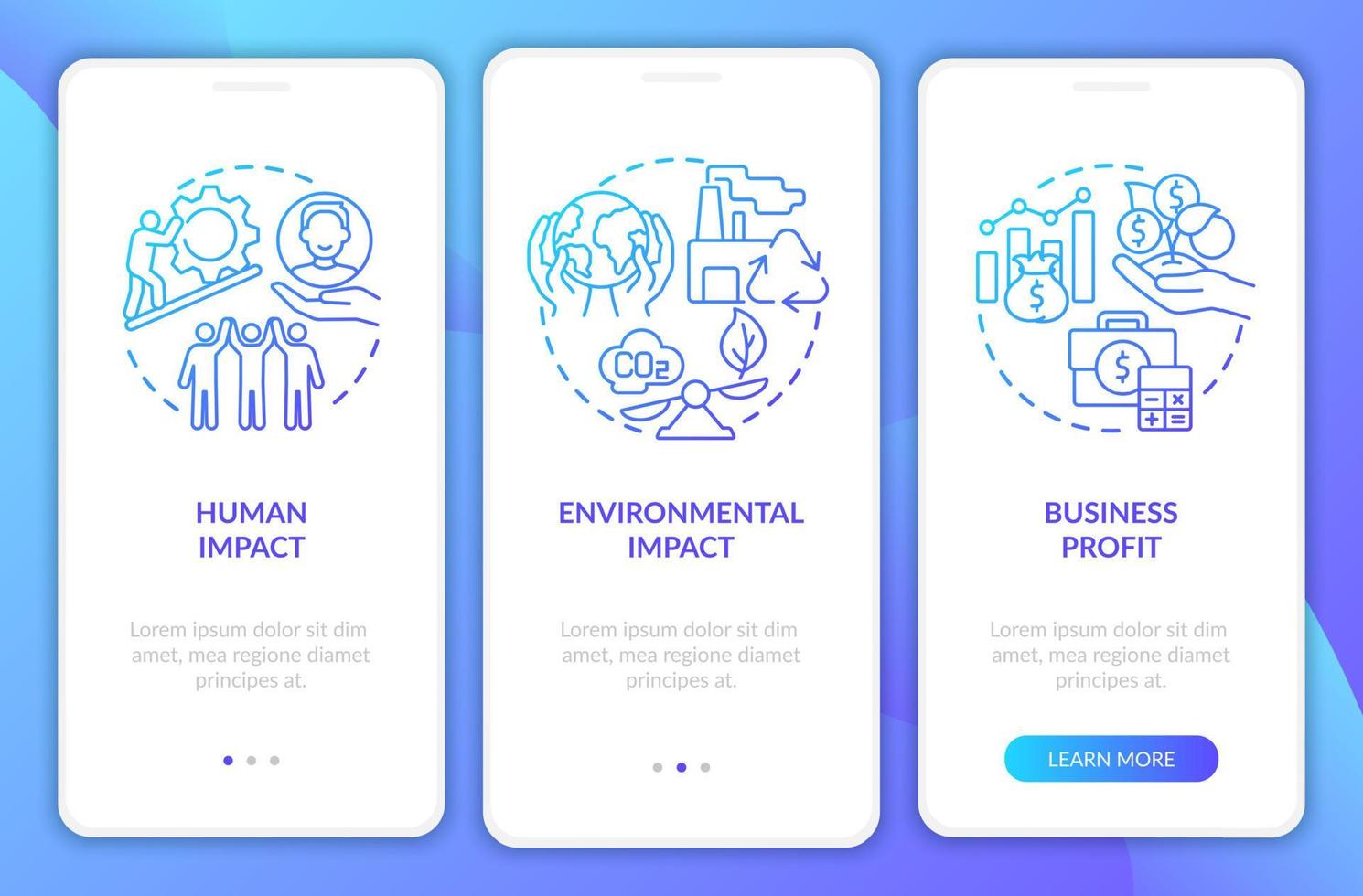 sociaal ondernemerschap succes blauwe gradiënt onboarding mobiele app paginascherm. walkthrough 5 stappen grafische instructies met concepten. ui, ux, gui vectorsjabloon met lineaire kleurenillustraties vector
