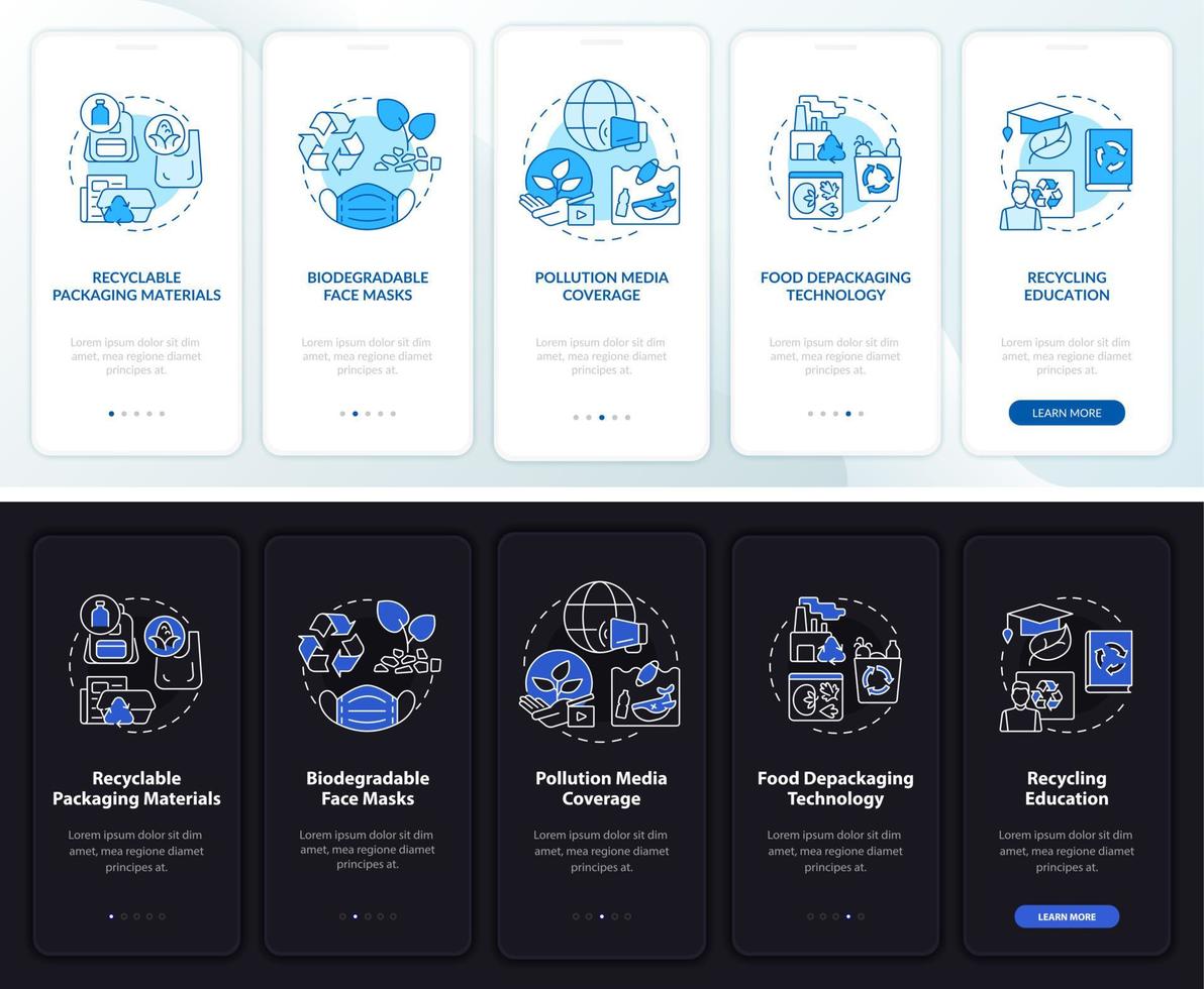 afvalrecycling onboarding mobiele app paginascherm. vervuiling probleem walkthrough 5 stappen grafische instructies met concepten. ui, ux, gui vectorsjabloon met lineaire nacht- en dagmodusillustraties vector