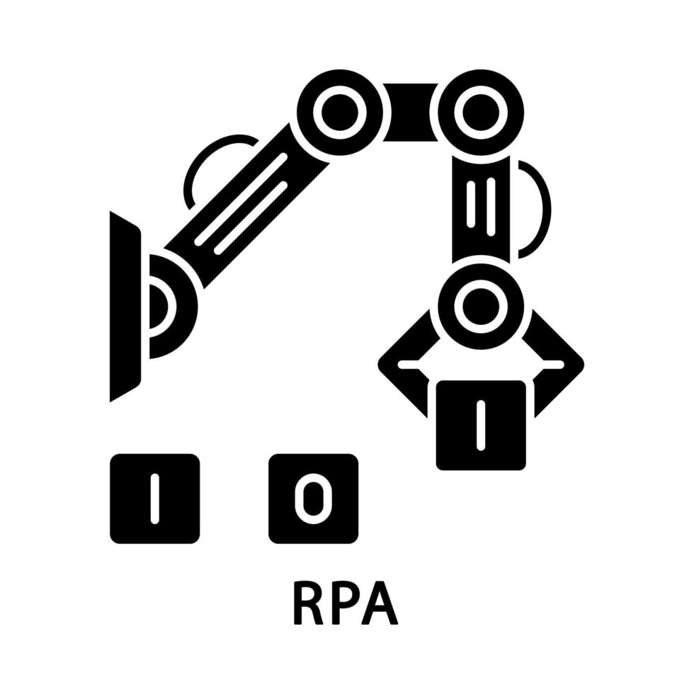 rpa glyph-pictogram. industriële robotarm. robot manipulator hand verzamelen kubussen. robotachtige procesautomatisering. silhouet symbool. negatieve ruimte. vector geïsoleerde illustratie