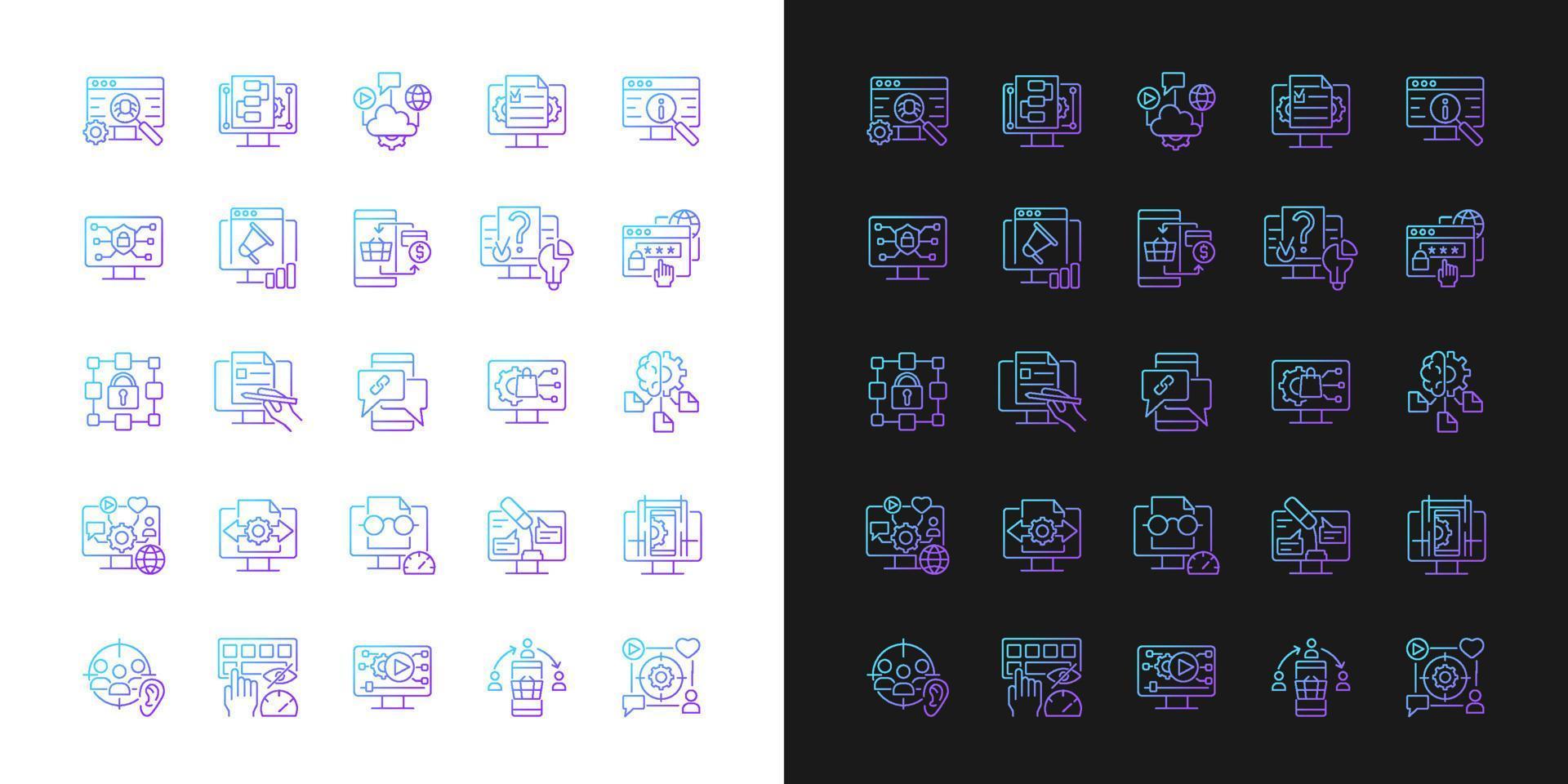 digitale vaardigheden verloop pictogrammen ingesteld voor donkere en lichte modus. leesvaardigheid verwerven. dunne lijn contour symbolen bundel. geïsoleerde vector overzicht illustraties collectie op zwart-wit