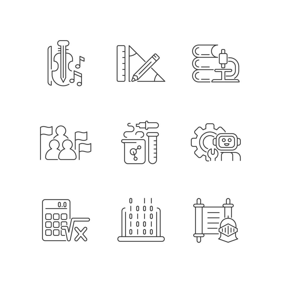 verschillende soorten schoolvakken lineaire pictogrammen instellen. wetenschappelijk onderzoek. muziek lessen. aanpasbare dunne lijncontoursymbolen. geïsoleerde vectoroverzichtsillustraties. bewerkbare streek vector