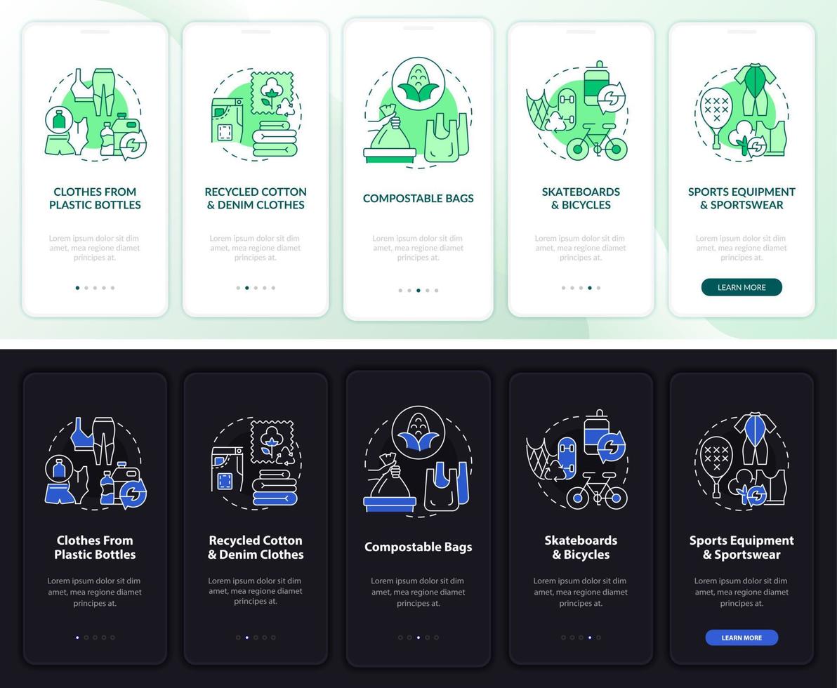 upcycling trend onboarding mobiele app paginascherm. afvalrecycling walkthrough 5 stappen grafische instructies met concepten. ui, ux, gui vectorsjabloon met lineaire nacht- en dagmodusillustraties vector