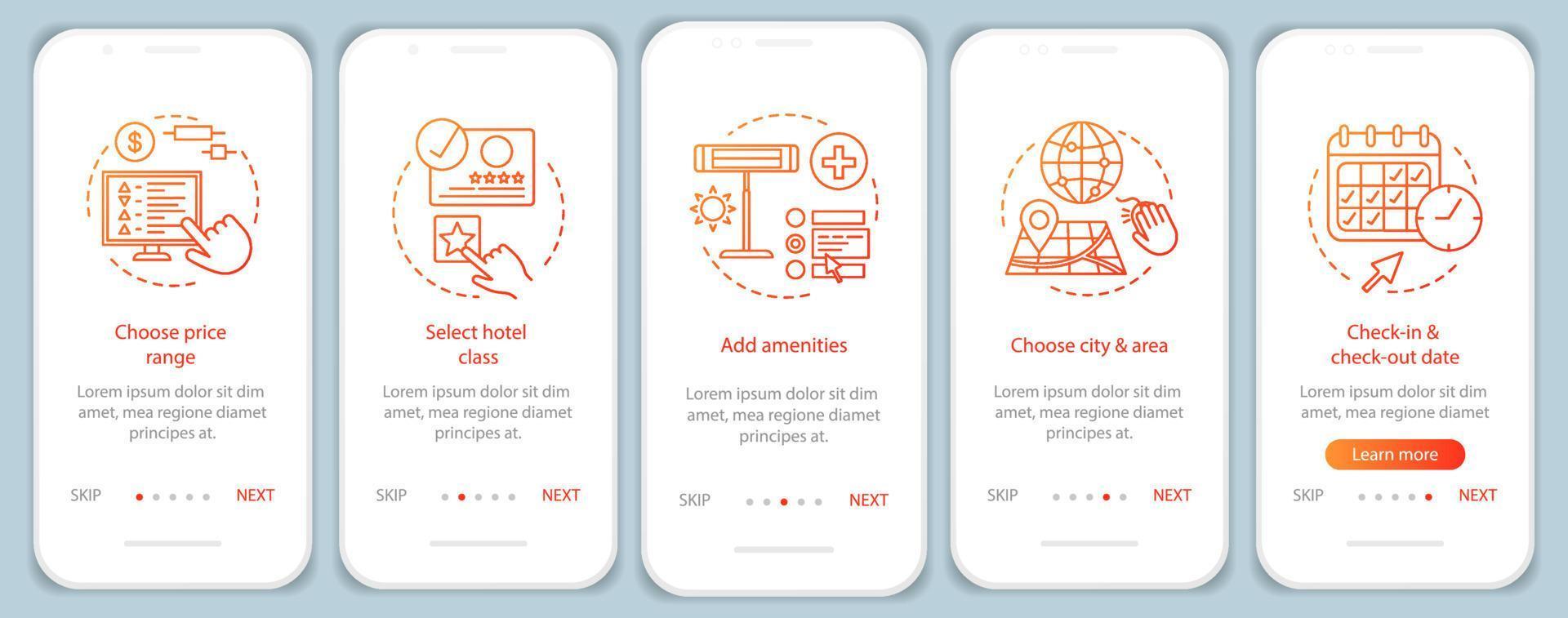 accommodatie boeken onboarding mobiele app scherm vector sjabloon. kies appartement, hotel. prijs, ster, voorziening. hostel, motelreservering. doorloop website stap. ux, ui, gui smartphone-interface