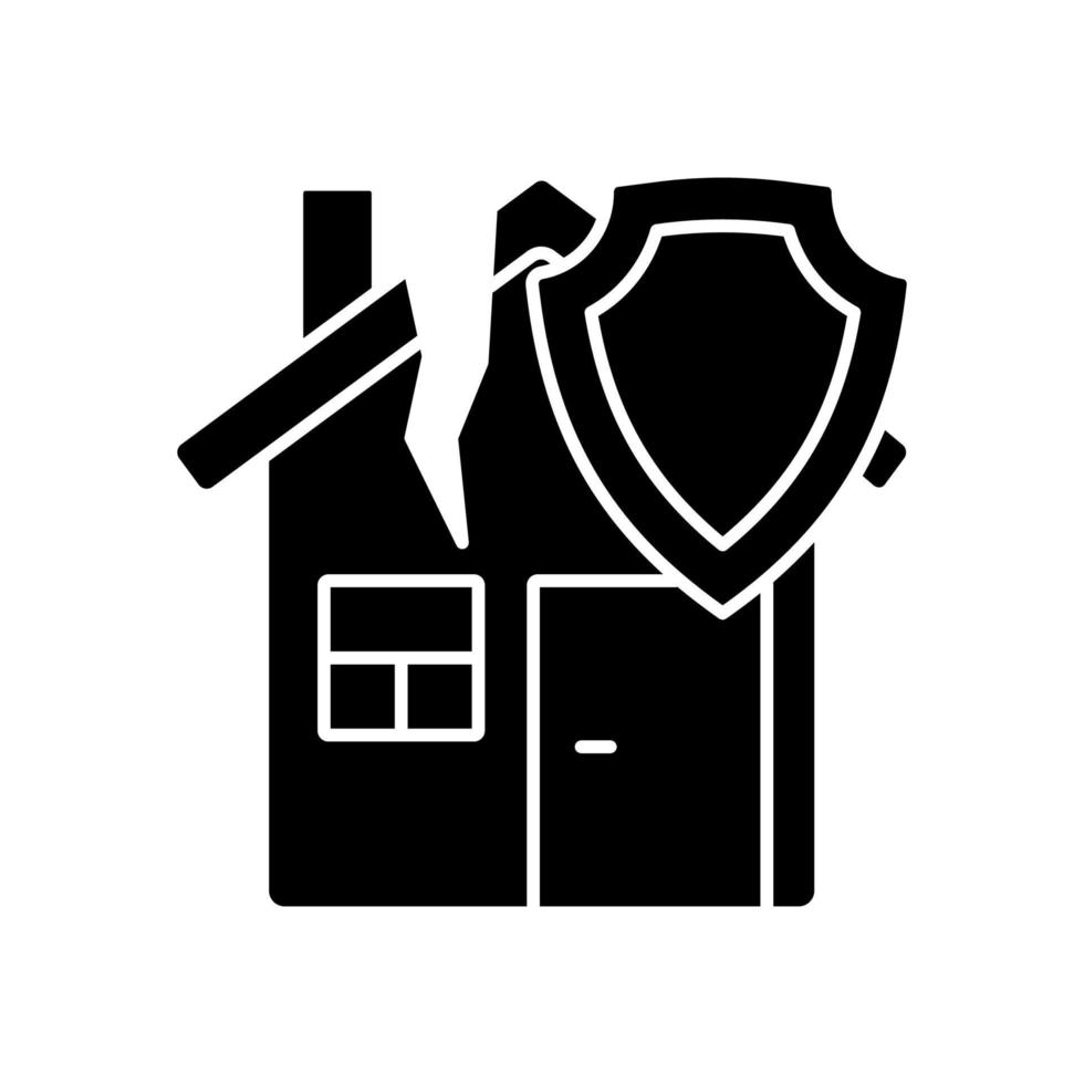 aardbeving huis verzekering zwart glyph icoon. verzekering tegen rampen. veiligheid van privé-eigendommen en financiële steun. silhouet symbool op witte ruimte. vector geïsoleerde illustratie