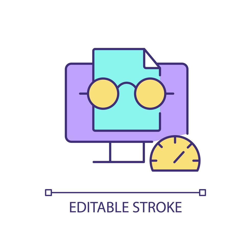 snelheidsaflezing rgb-kleurenpictogram. digitaal scherm bekijken. het verbeteren van het snelle leesvermogen. zinnen snel herkennen. geïsoleerde vectorillustratie. eenvoudige gevulde lijntekening. bewerkbare streek vector