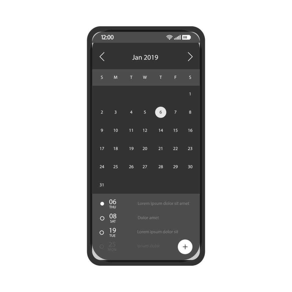 herinnering smartphone app interface vector sjabloon. mobiele kalender toepassingspagina zwart ontwerp lay-out. persoonlijke organisator, afspraakplanner scherm. vergadering plannen. platte ui. telefoon display