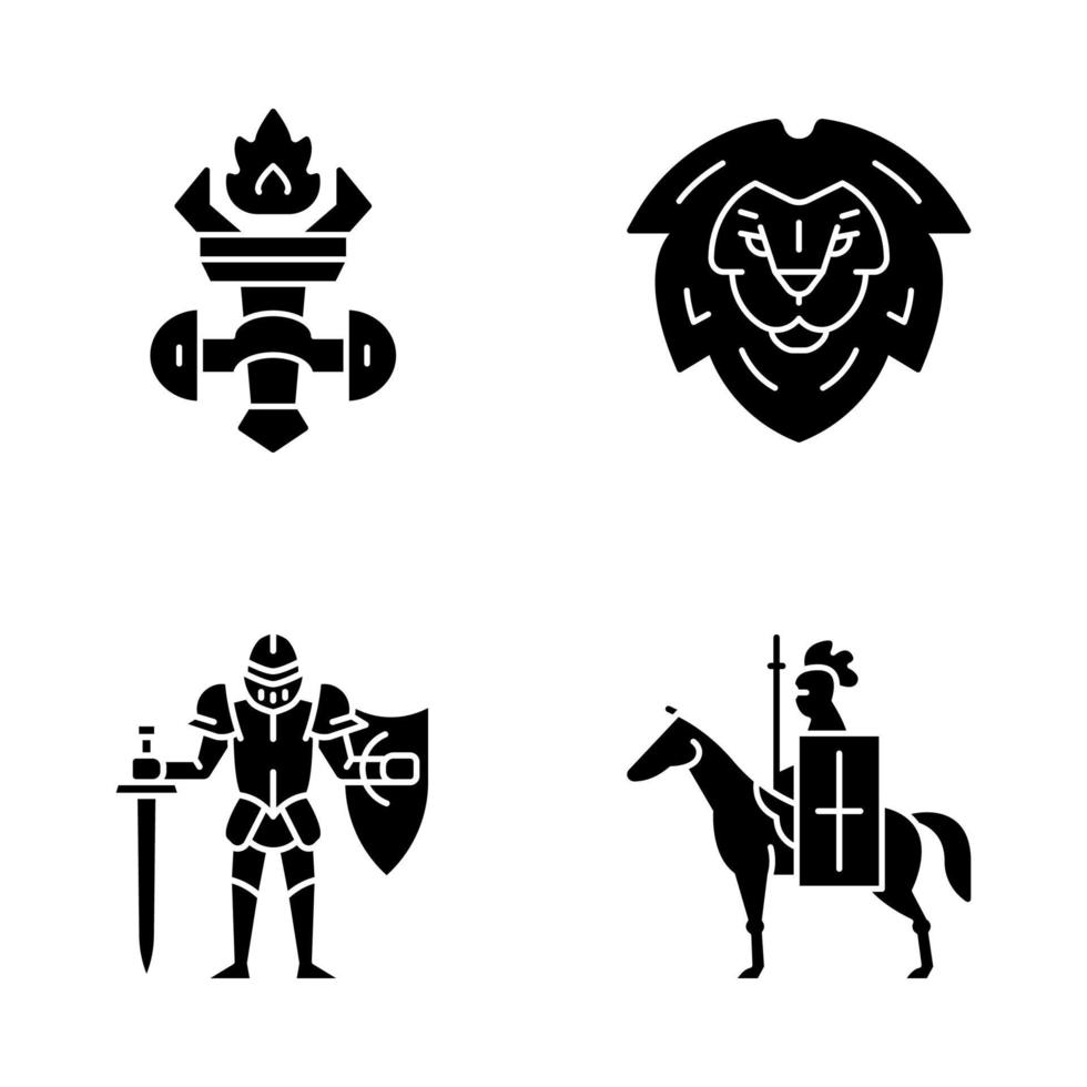 middeleeuwse glyph pictogrammen instellen. brandende fakkel, leeuwenkopschild, ridder in volle wapenrusting, paardenridder met vlag en lans. .. silhouet symbolen. vector geïsoleerde illustratie