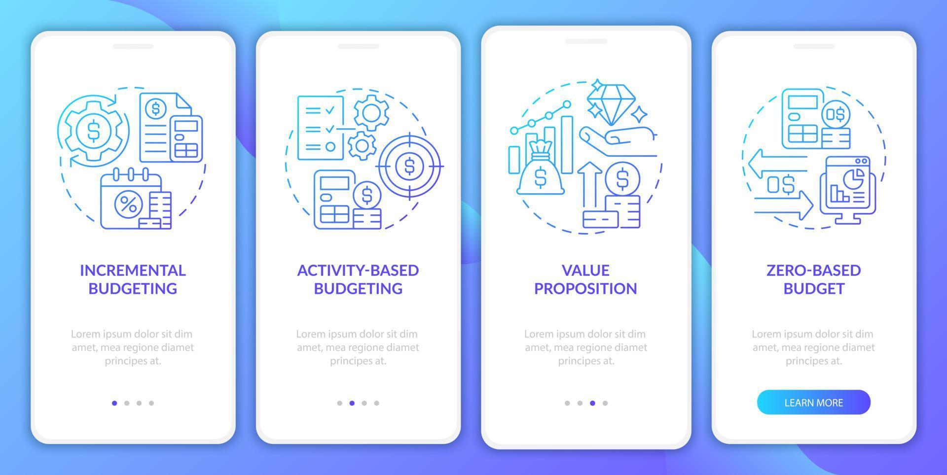 budgetteringstypen blauw verloop onboarding mobiele app-scherm. plan aanpak walkthrough 4 stappen grafische instructie pagina's met lineaire concepten. ui, ux, gui-sjabloon. talloze pro-bold, reguliere lettertypen gebruikt vector