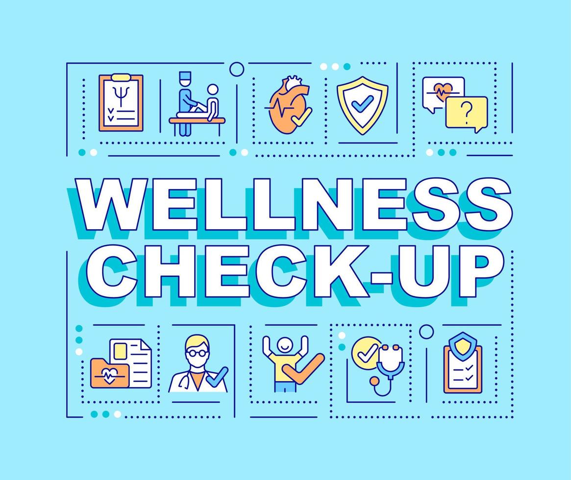 wellness check-up woord concepten banner. medisch onderzoek. infographics met lineaire pictogrammen op blauwe achtergrond. geïsoleerde creatieve typografie. vector overzicht kleur illustratie met tekst