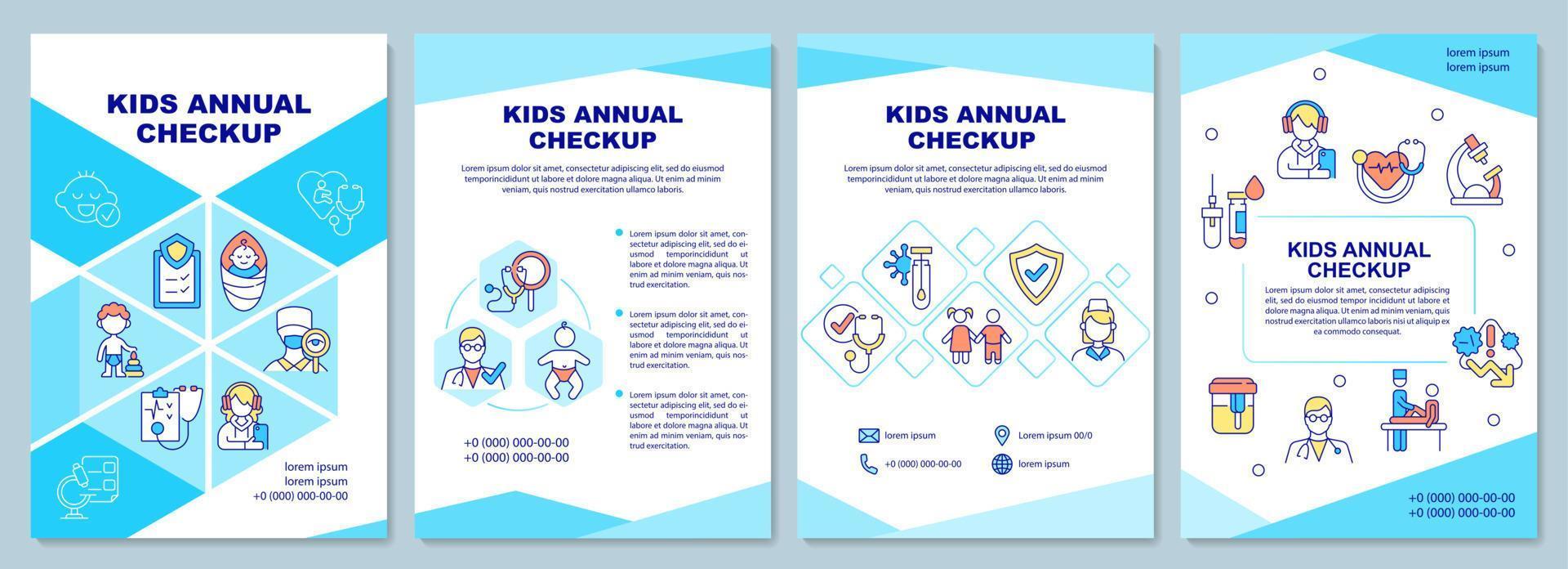 jaarlijkse controlebrochure voor kinderen. medische testen en examen. flyer, boekje, folder afdrukken, omslagontwerp met lineaire pictogrammen. vectorlay-outs voor presentatie, jaarverslagen, advertentiepagina's vector