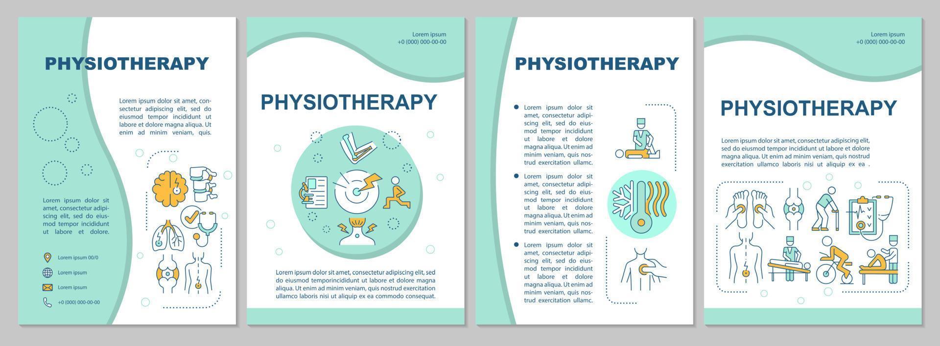 fysiotherapie mint brochure sjabloon. gezondheidszorg. flyer, boekje, folder afdrukken, omslagontwerp met lineaire pictogrammen. vectorlay-outs voor presentatie, jaarverslagen, advertentiepagina's vector