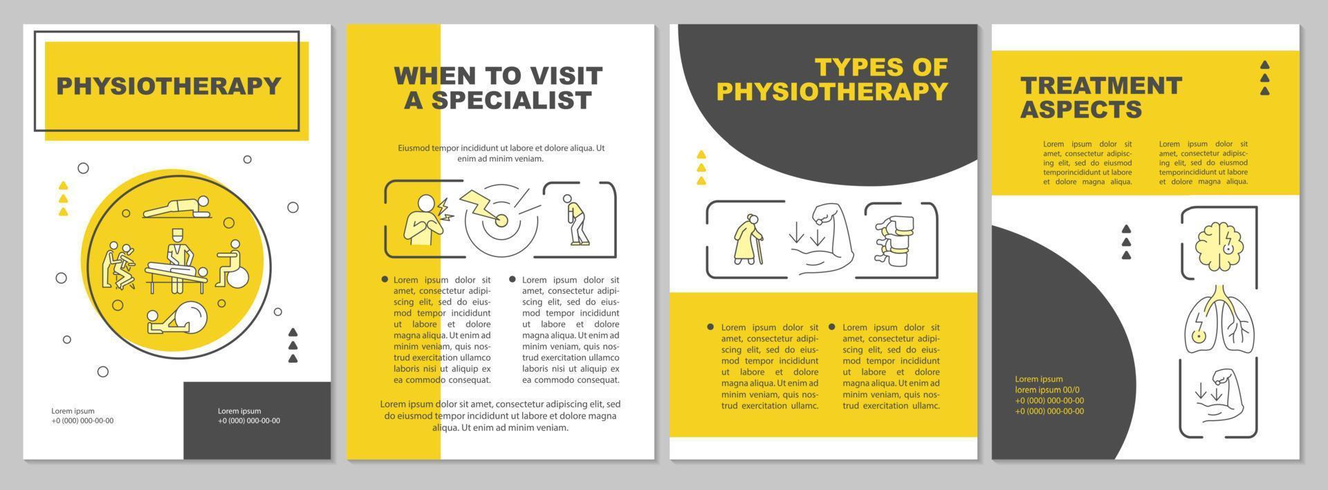 fysiotherapie gele brochure sjabloon. gezondheidszorg behandeling. flyer, boekje, folder afdrukken, omslagontwerp met lineaire pictogrammen. vectorlay-outs voor presentatie, jaarverslagen, advertentiepagina's vector