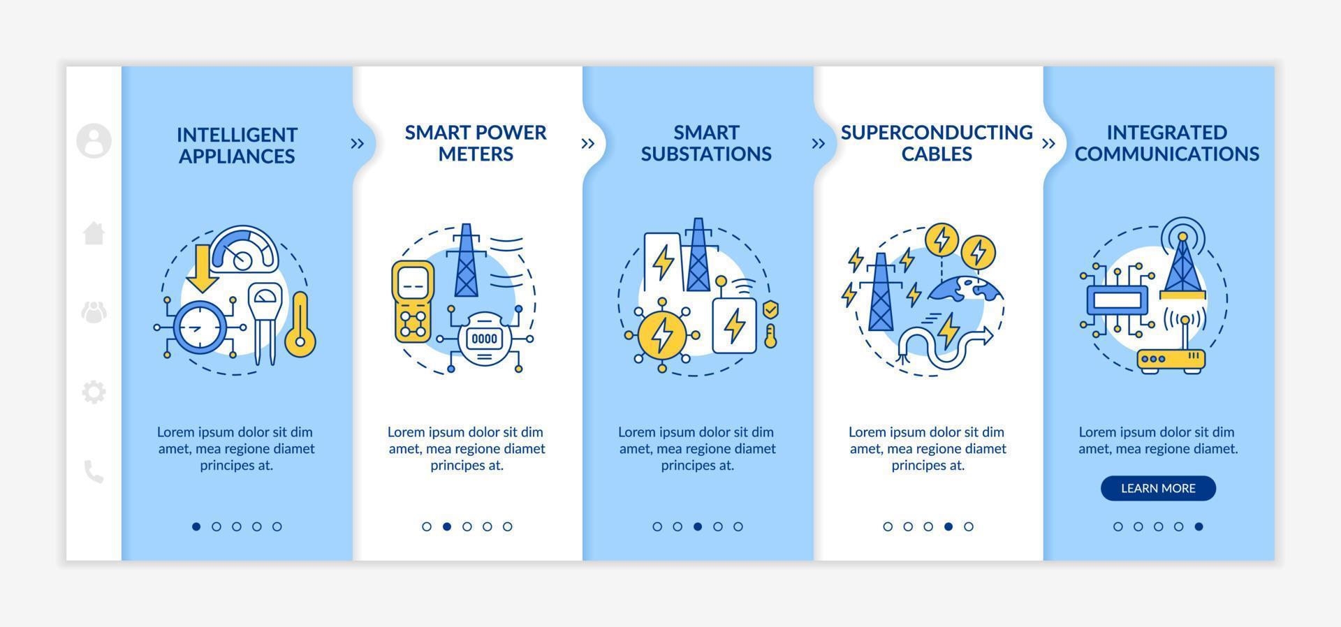 smart grid-componenten blauwe en witte onboarding-sjabloon. Energie systeem. responsieve mobiele website met lineaire conceptpictogrammen. webpagina walkthrough 5 stappen schermen. lato-bold, gewone lettertypen gebruikt vector