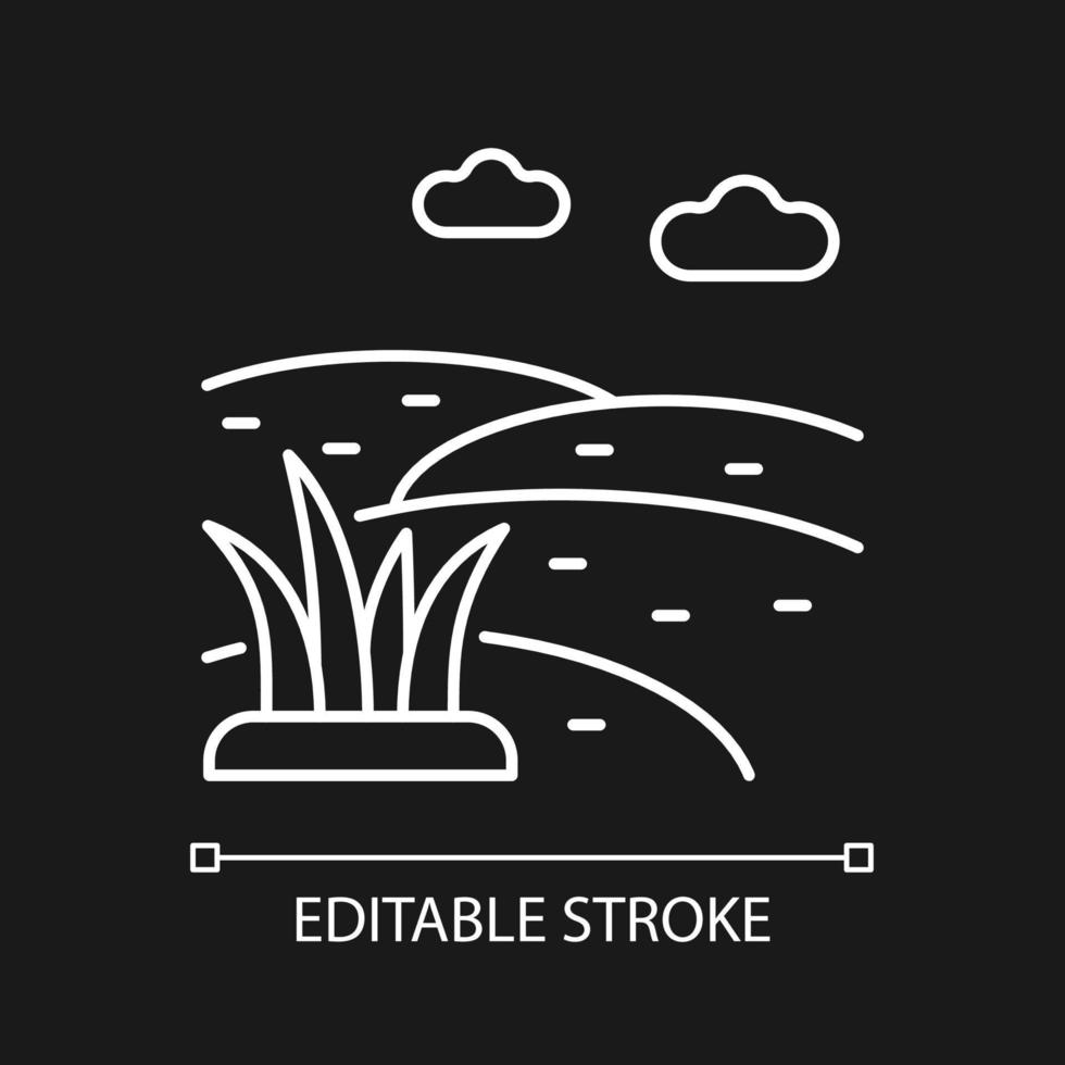 grasland wit lineair pictogram voor donker thema. gras bedekte grond. groot grasveld. dunne lijn aanpasbare illustratie. geïsoleerd vectorcontoursymbool voor nachtmodus. bewerkbare streek vector