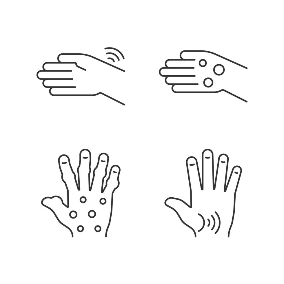artritis in handen lineaire pictogrammen instellen. polsen reuma. vingers misvorming. reumatoïde knobbeltjes. aanpasbare dunne lijncontoursymbolen. geïsoleerde vectoroverzichtsillustraties. bewerkbare streek vector