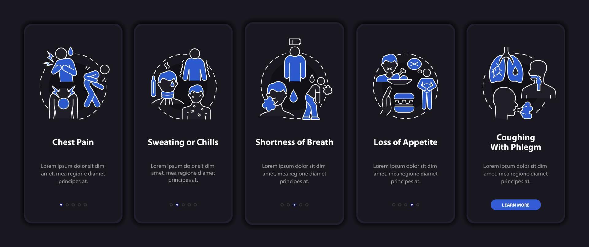 longontsteking diagnose onboarding mobiele app paginascherm. pijn op de borst walkthrough 5 stappen grafische instructies met concepten. ui, ux, gui vectorsjabloon met illustraties in lineaire nachtmodus vector