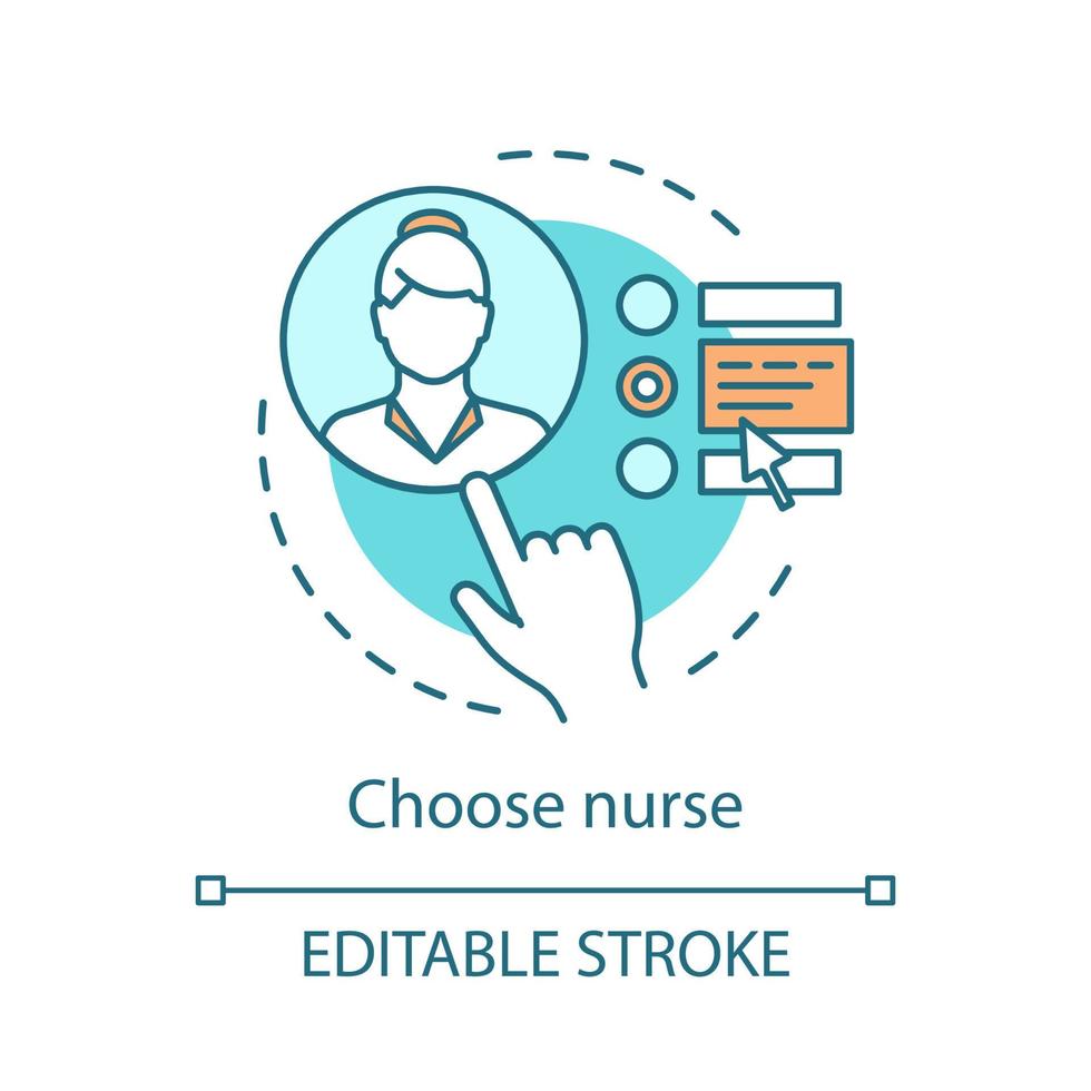 kies verpleegkundige concept icoon. ziekenhuis, kliniek idee dunne lijn illustratie. verpleging, medische zorg vector geïsoleerde overzichtstekening. arts, therapeut, verzorger, verzorgerprofiel. bewerkbare streek