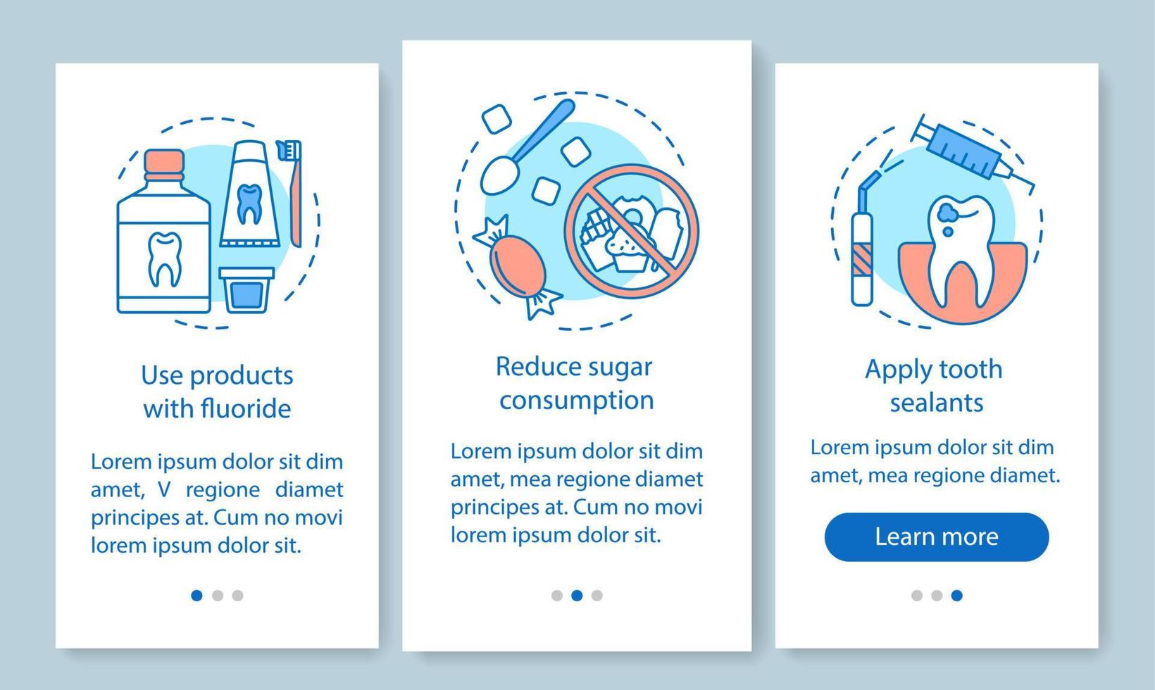 cariëspreventie onboarding mobiele app paginascherm met lineaire concepten. verklein de kans op tandheelkundige ziekte walkthrough stappen grafische instructies. ux, ui, gui vectorsjabloon met illustraties vector