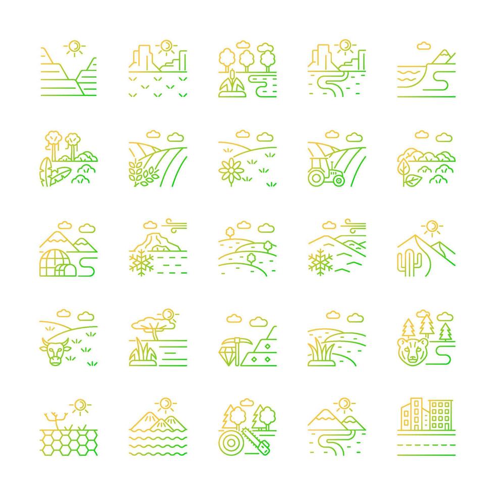 landtypes gradiënt lineaire vector iconen set. bioom diversiteit. warme en koude klimaatzones. landbouw- en industriegebieden. dunne lijn contour symbolen bundel. geïsoleerde overzicht illustraties collectie