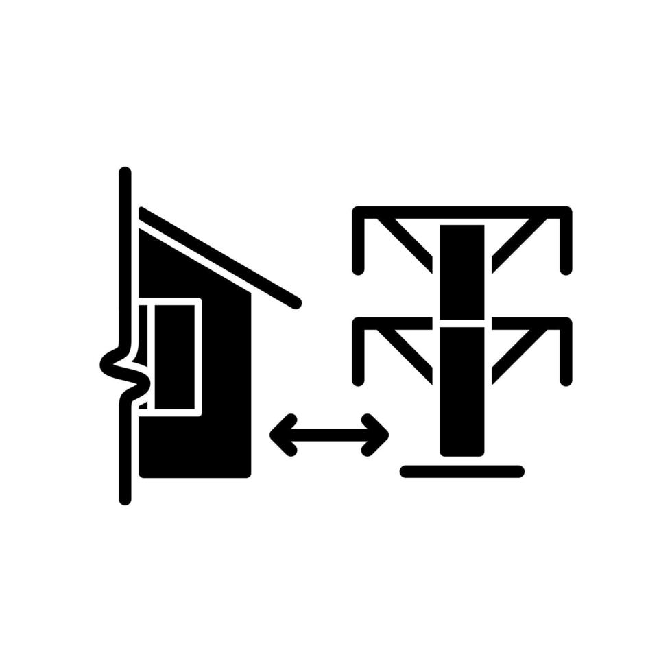 afstand van elektrische lijnen zwart glyph-pictogram. ruimte tussen de apparatuur van het gebouw en het elektriciteitssysteem. blijf uit de buurt van magnetische velden. silhouet symbool op witte ruimte. vector geïsoleerde illustratie