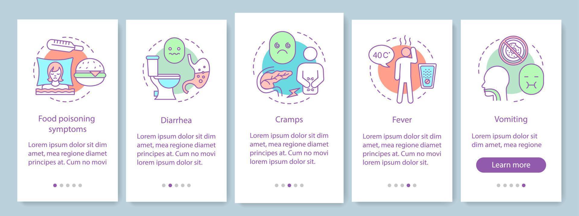 voedselvergiftiging onboarding mobiele app pagina scherm vector sjabloon. door voedsel overgedragen ziekte. diarree, krampen, koorts, braken. indigestie. doorloop website stappen. ux, ui, gui smartphone-interfaceconcept