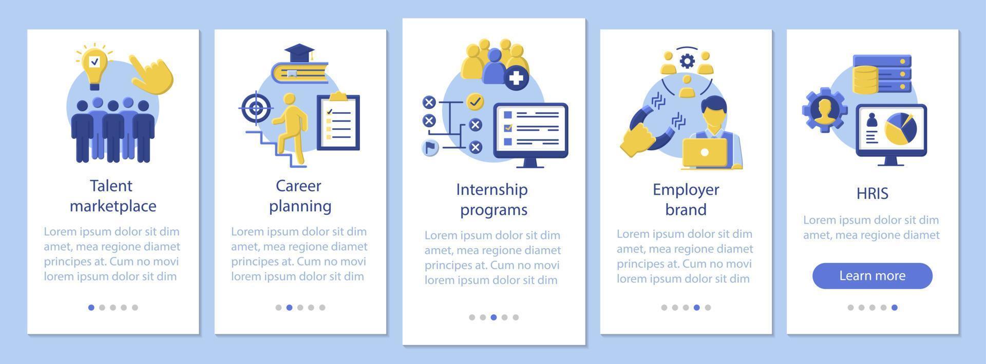 talent management onboarding mobiele app pagina scherm vector sjabloon. stageprogramma, marktplaats. uur. platte ontwerp website instructies. ux, ui, gui smartphone interface cartoon concept