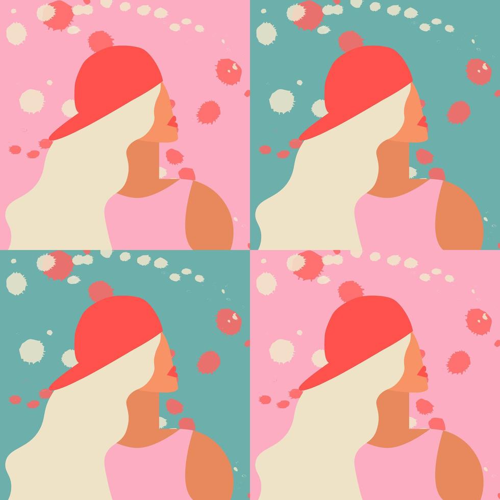 mooi blond meisje met rode baseballcap in pofile. vlakke afbeelding met abstracte achtergrond vector