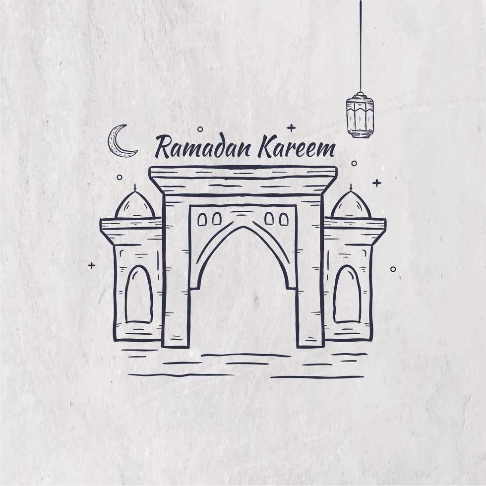 ramadan kareem illustratie met moskee en lantaarn concept. handgetekende schetsstijl vector