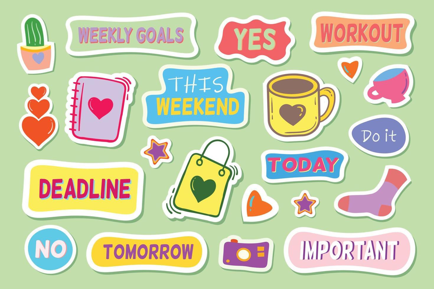 dagboek en planner platte stickers instellen gratis vector