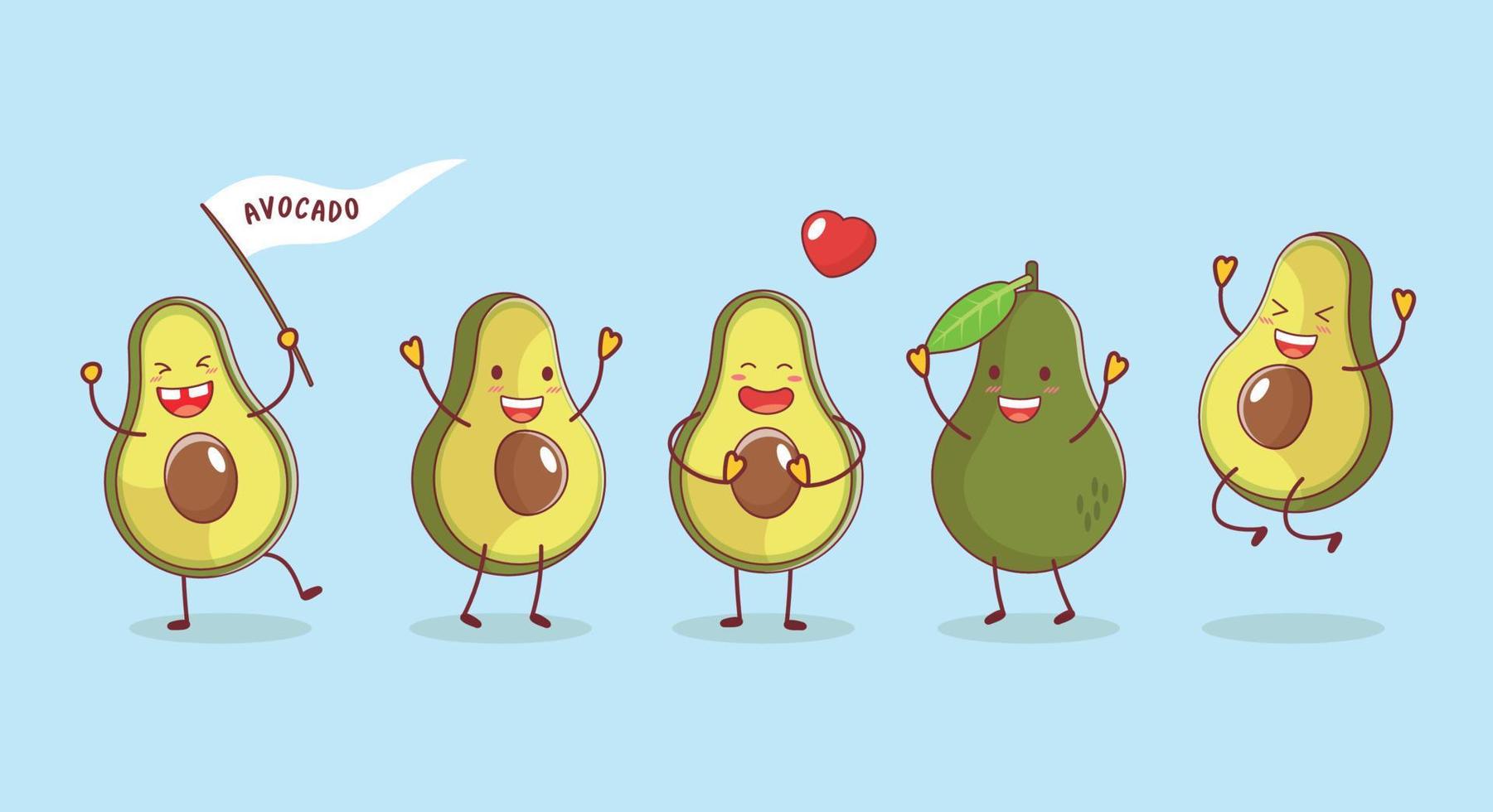 leuke grappige avocado stripfiguren set geïsoleerd op blauwe achtergrond. vector