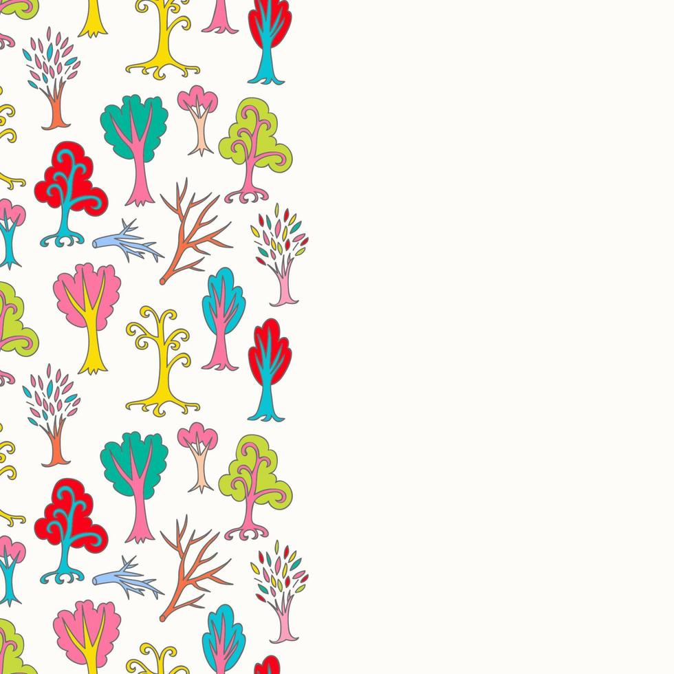 kleurrijke naadloze folder met cartoon bomen en takken met lege ruimte. hand getekende bos achtergrond. cartoon bos. het beste voor design textielpapier, behang, kinderen. inpakken. vector