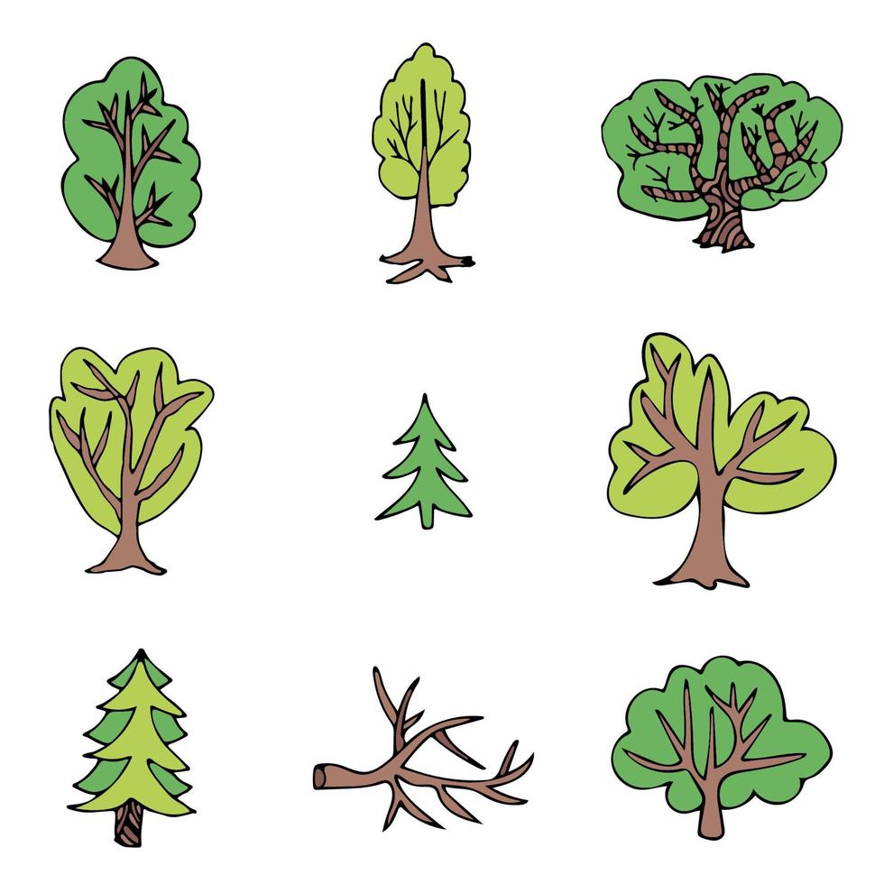 handgetekende boomcollectie. set van groene bomen silhouetten geïsoleerd op een witte achtergrond. vector