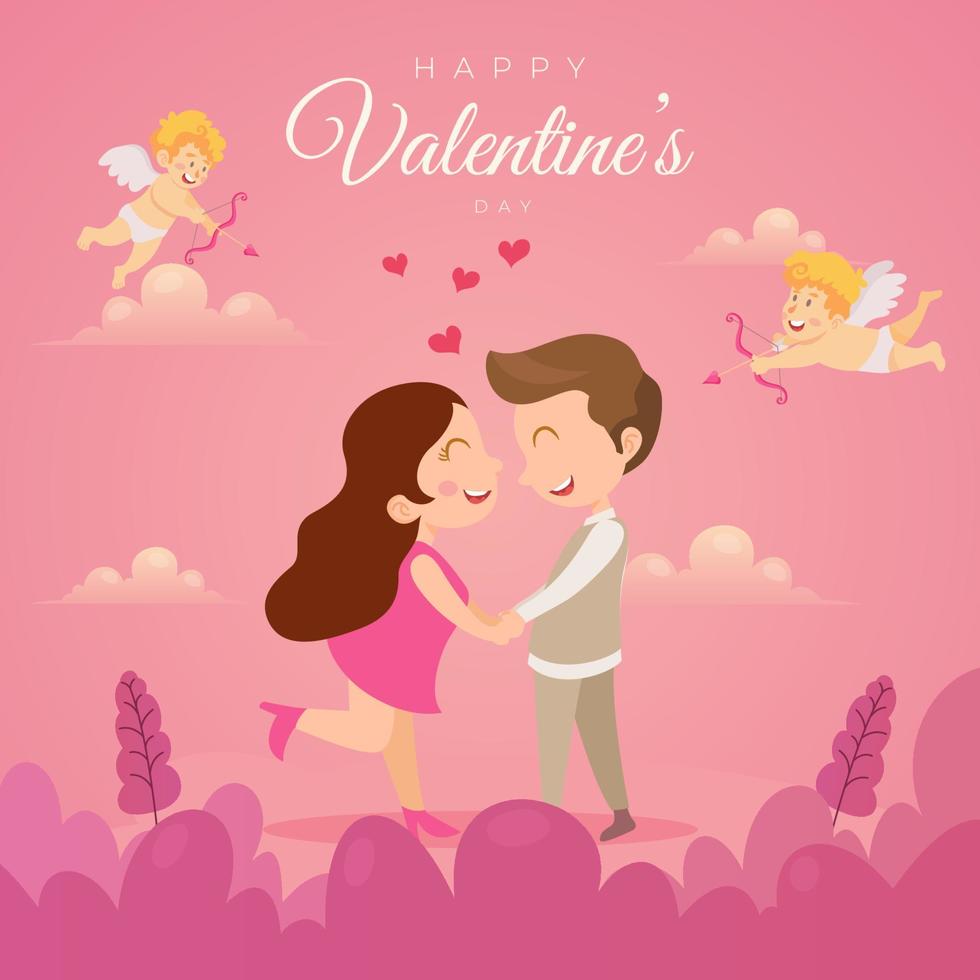 Valentijnsdag kaart vectorillustratie. schattig stel verliefd op cupido-engelen vector