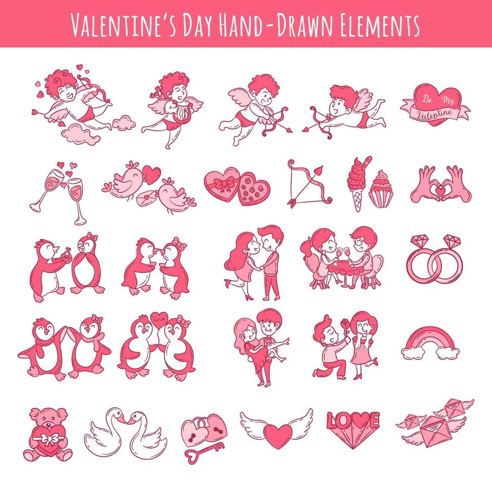 Valentijnsdag handgetekende elementen met schattige en roze liefdeselementen vector