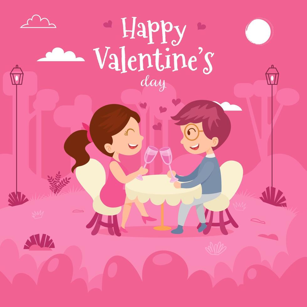 Valentijnsdag kaart vectorillustratie. schattig liefdevol stel met romantische date vector